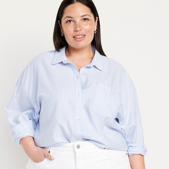 Old Navy Womens Striped The Boyfriend Shirt Size XXL‎ Petite Blue White Preppy - Picture 1 of 9